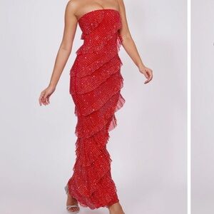 NWT Oh Polly DULCE Embellished Strapless Ruffle Maxi Dress in Fire Red Size 12